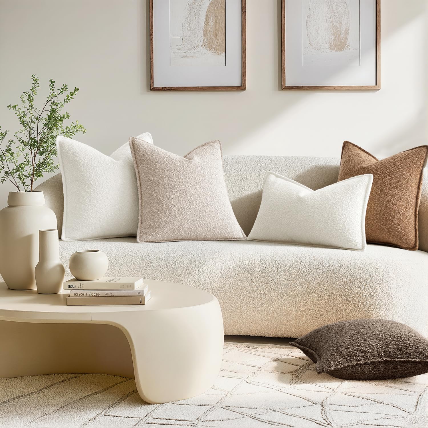 Decorative Textured Boucle Throw Pillow Covers Broadside Thick / 18 x 18 / Natural Beige / Set of 2