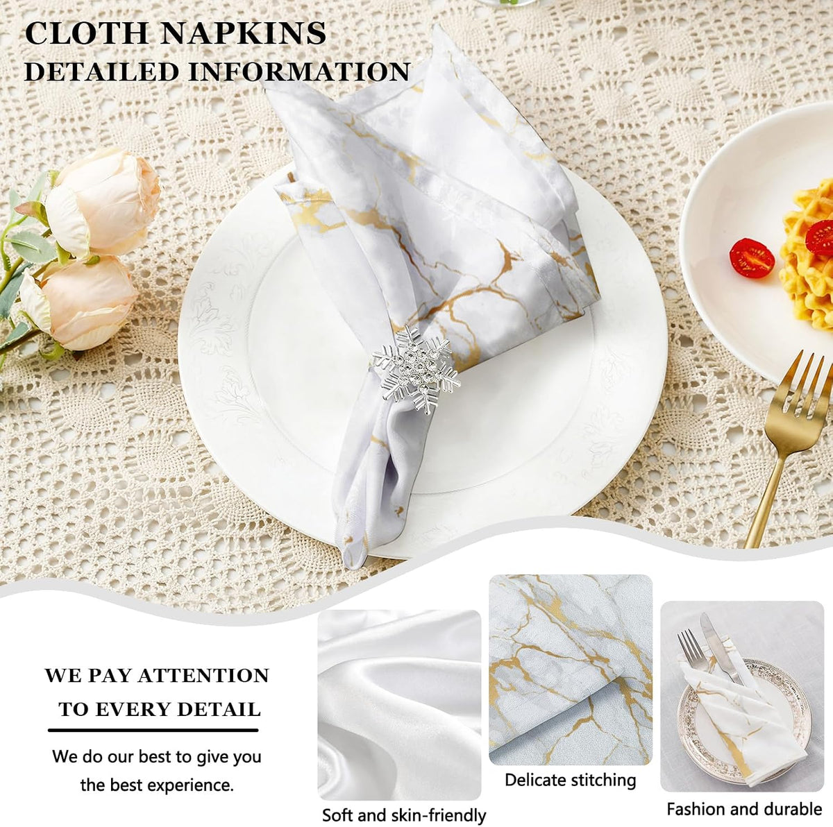 Mcalk 4 Each White Marble Placemats and Cloth Napkins Set of 8, Modern Art Placemat, Marble Print Cloth Napkin for Home