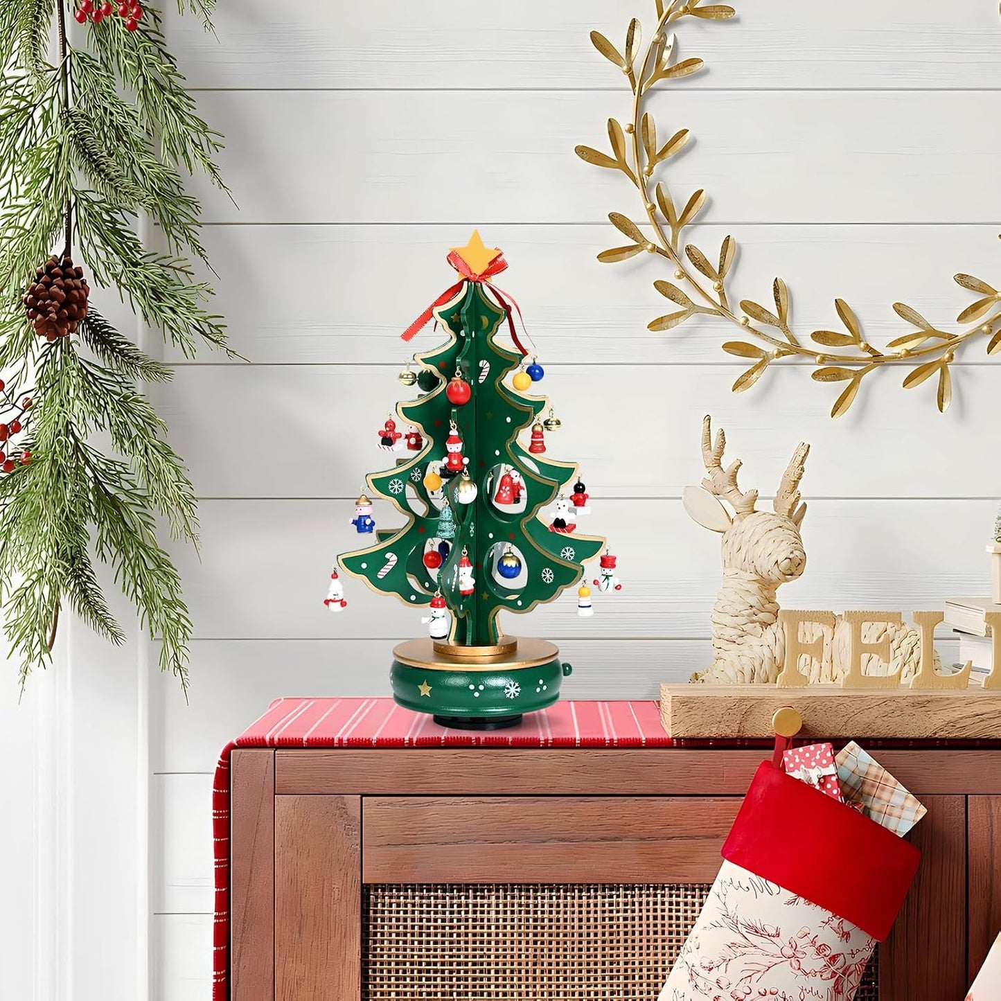 Uspring Christmas 24 Days Countdown Advent Calendar 2025, Musical Wooden Christmas Tree with Classic Music Box and 36