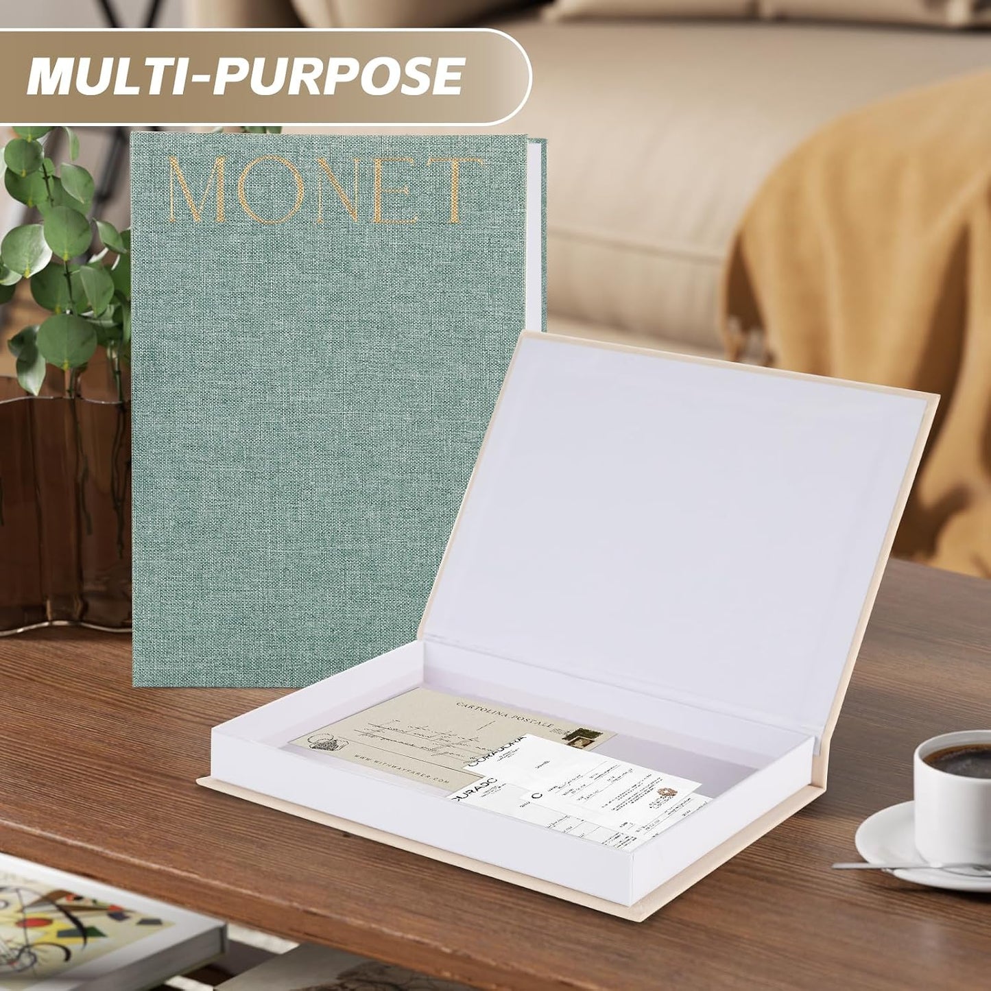 Linen Book Boxes Decor Coffee Table Bookshelf or Mantle / Green-beige / Set of 2