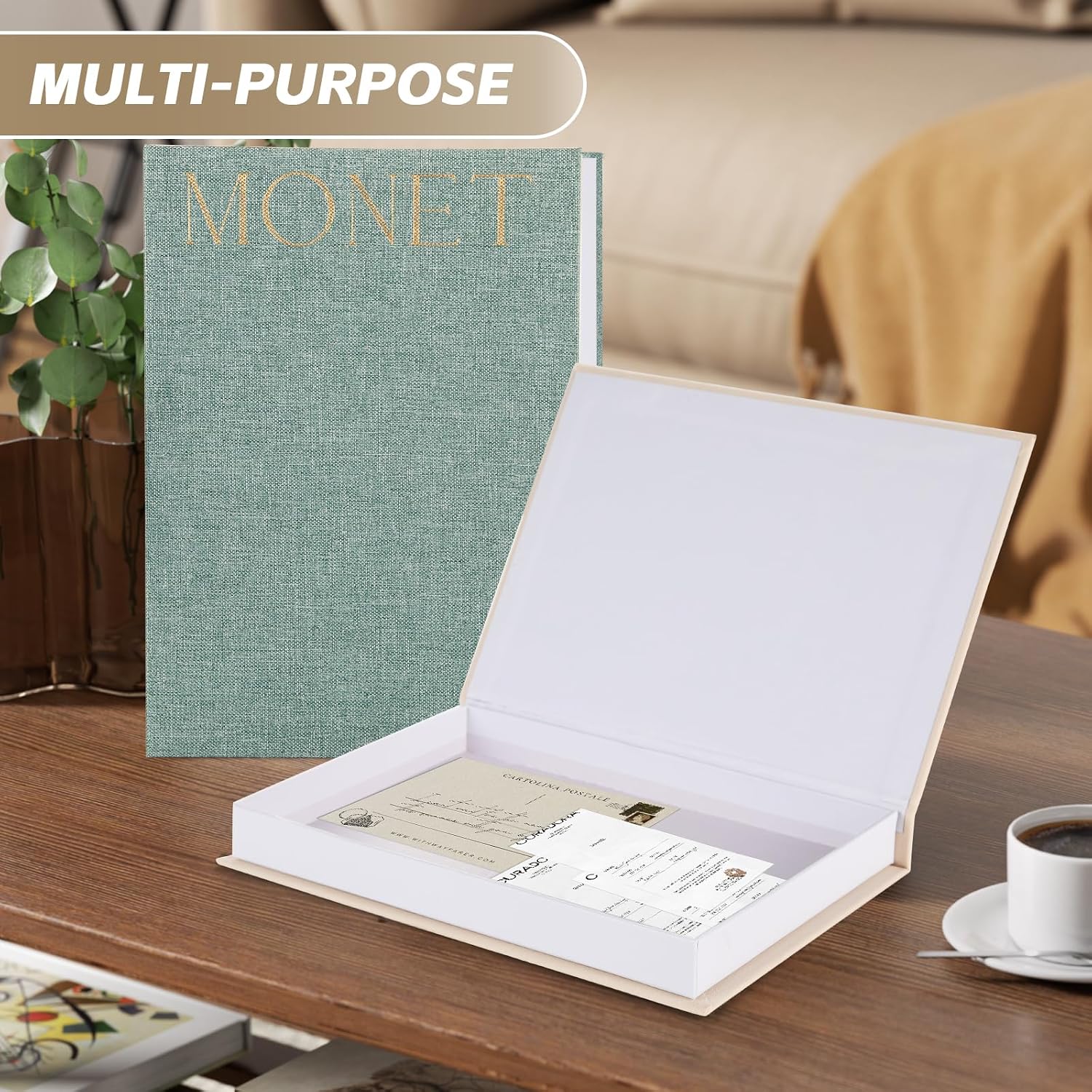 Linen Book Boxes Decor Coffee Table Bookshelf or Mantle / Green-beige / Set of 2