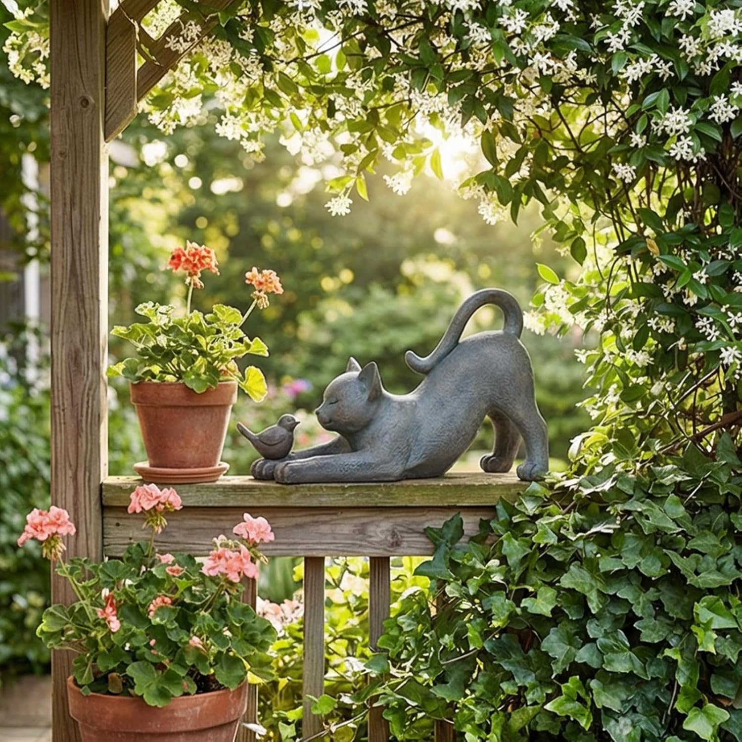 Cat Garden Statues Outdoor Cat-Figurines / Cat with Bird / 16 x 6 x 9.5