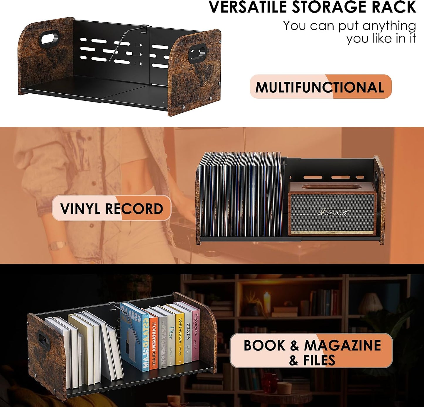 RUILALIFE Vinyl Record Storage Holder, Expandable Record Holder Rack With Movable Divider, 110 LP Album Display Shelf
