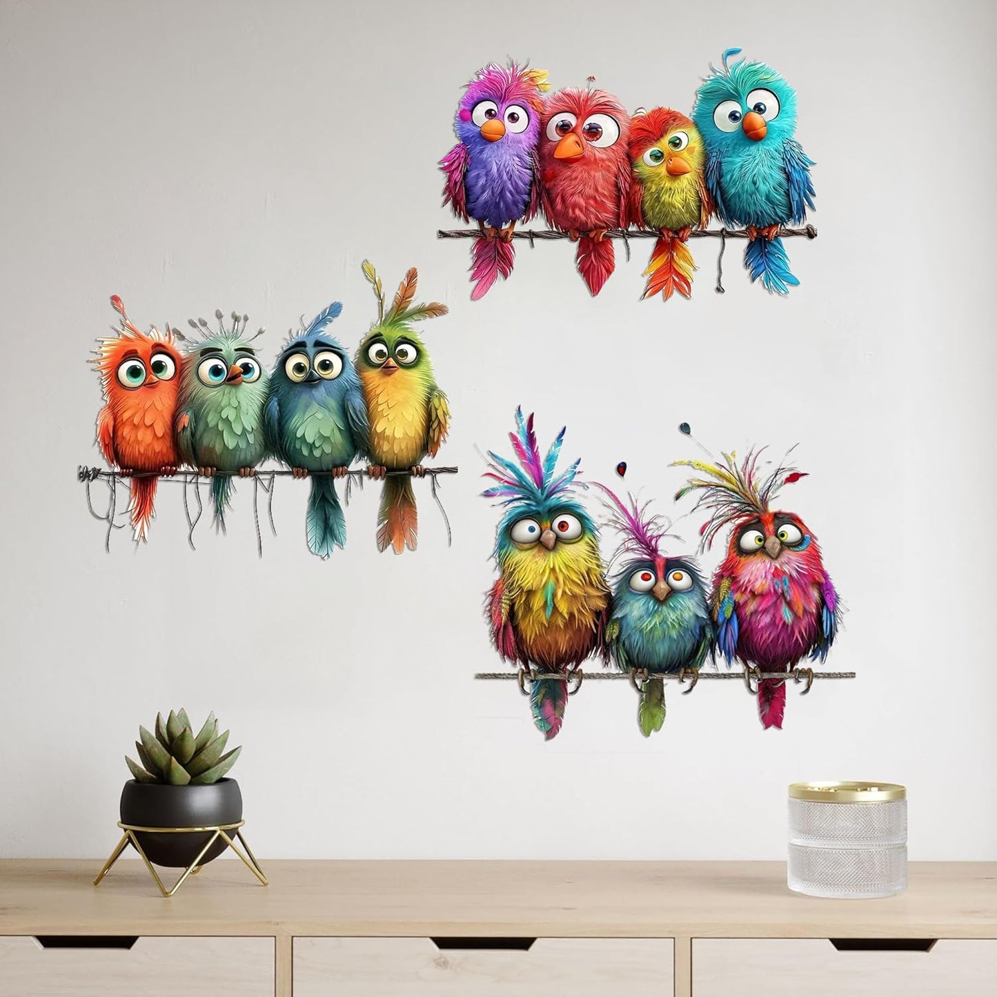 Funny Birds Vinyl Decals on Branch Wall Easy Peel and Stick Watercolor / Colorful / Set of 9