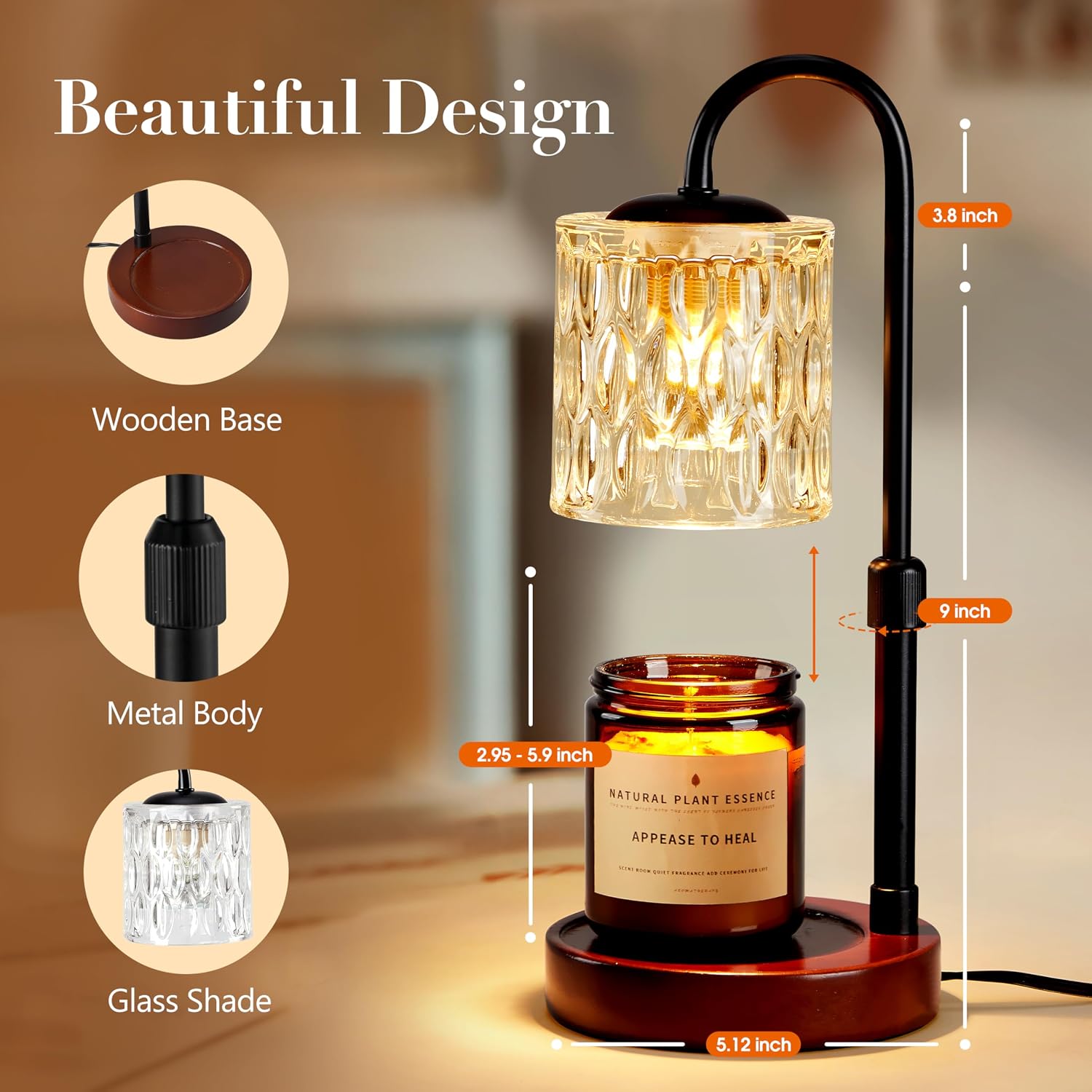 Dimmable Candle Warmer Lamp with Timer, Height Adjustable Electric Candle Wax Warmer, Christmas Birthday Gifts for