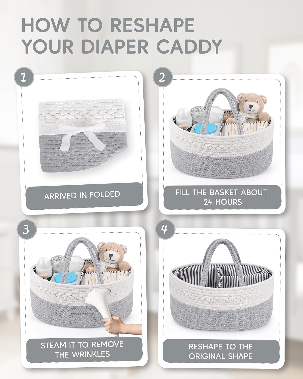 Diaper Caddy Organizer for Baby Boy- Cotton Rope for Changing Table / Large / Grey