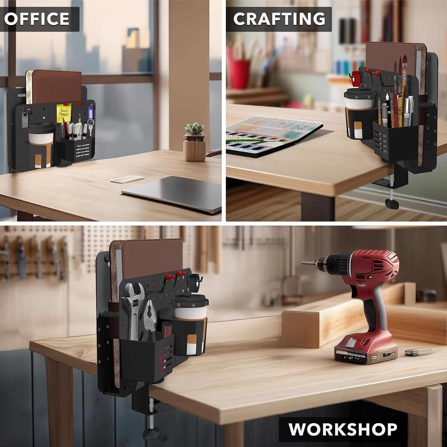 Mount-It! Desk Pegboard Organizer, 360 Rotation, Black | Clamp-on desk storage with cup holder, pen holder, hooks &