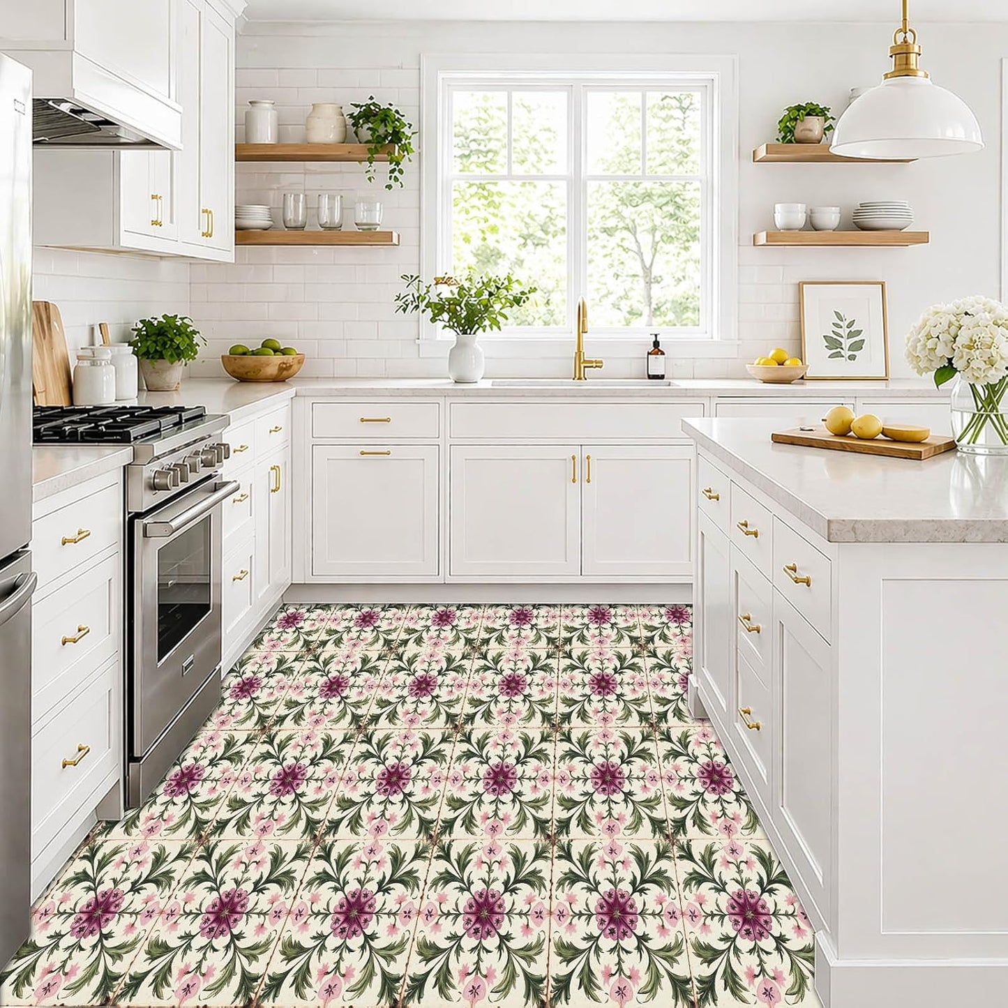 Vintage Peony Vine Pattern Peel and Stick Floor Tiles / 12 x 12 / Set of 10