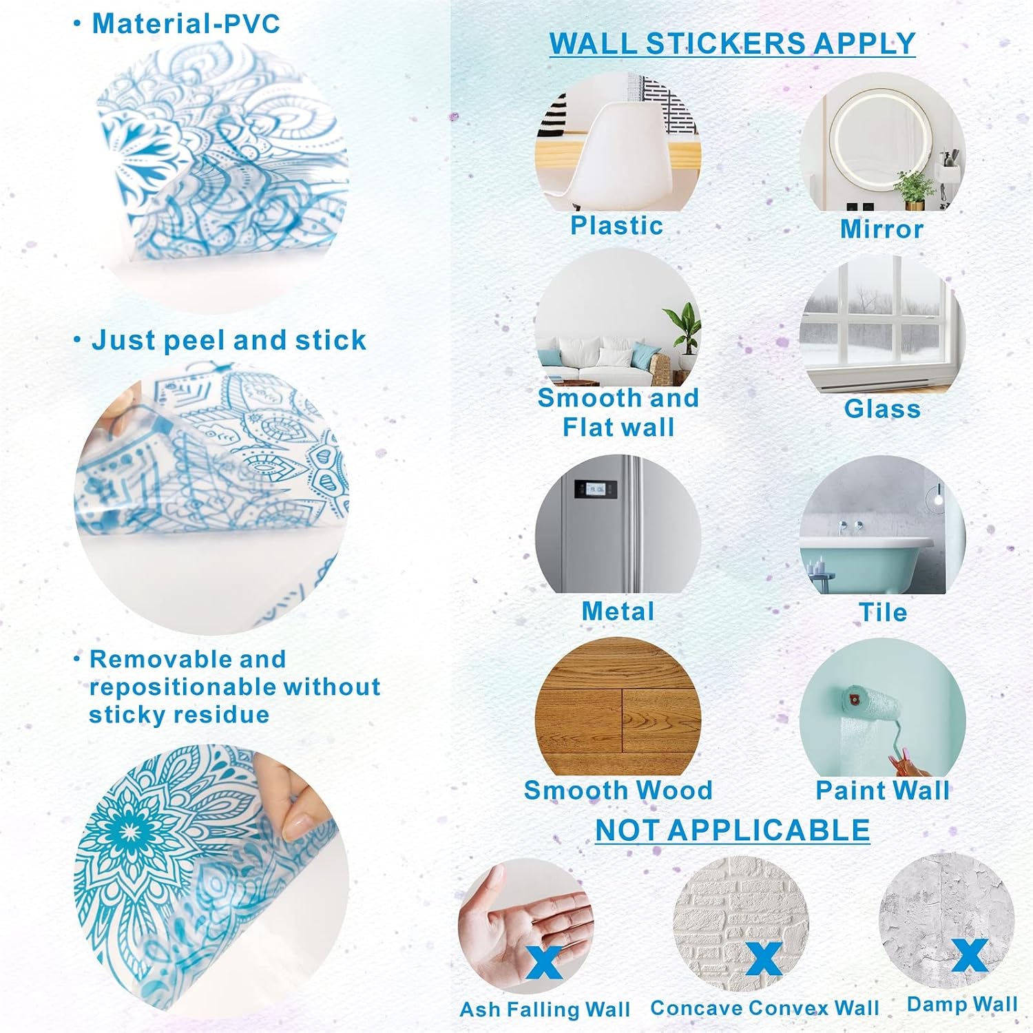 Light Blue Mandala Wall Stickers Removable Mandala Art Decals Peel and Stick Lotus / Blue Small