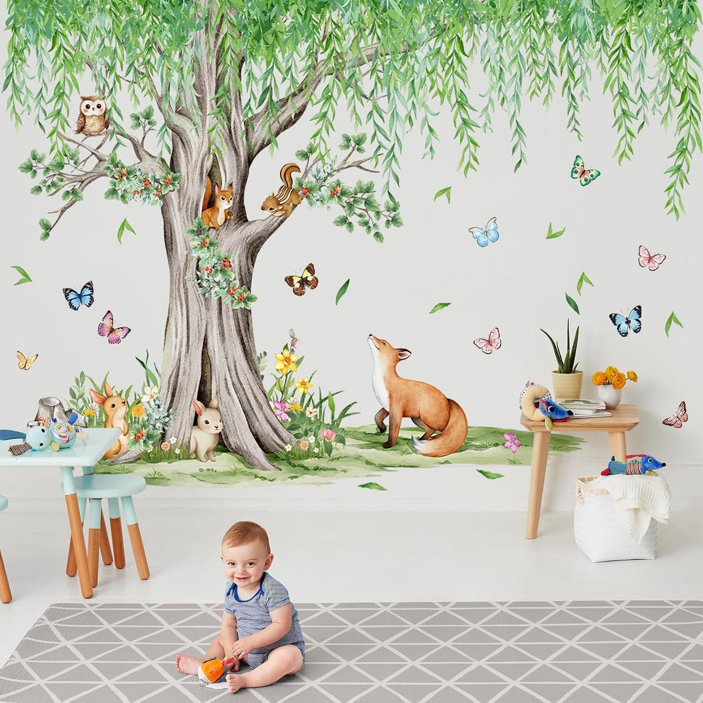 Hanging Leaves Vine Wall Sticker Cartoon Animals Wall Decal Peel / Green
