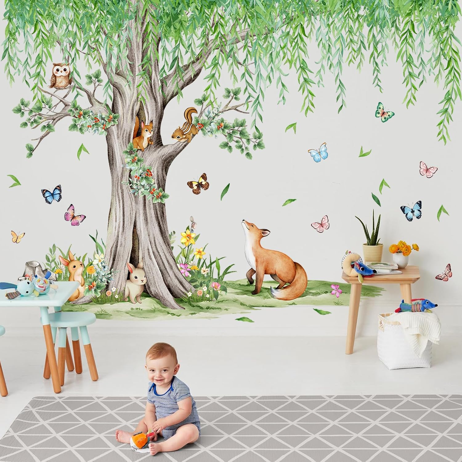 Hanging Leaves Vine Wall Sticker Cartoon Animals Wall Decal Peel / Green