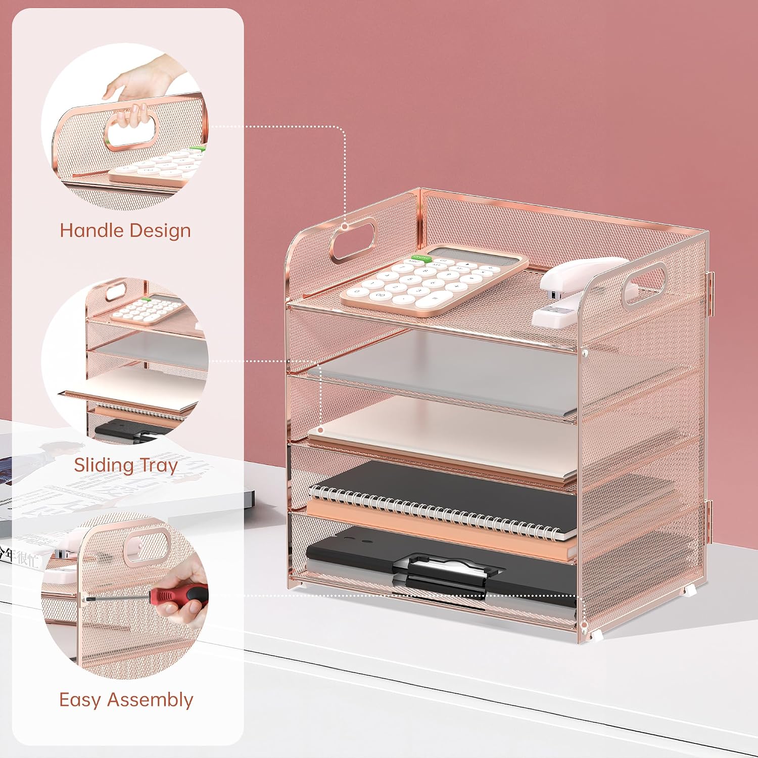 5 Trays Paper Organizer Letter Tray with Handle-Mesh Desk File Organizer, Paper Sorter Desk Organizer for Office, Home