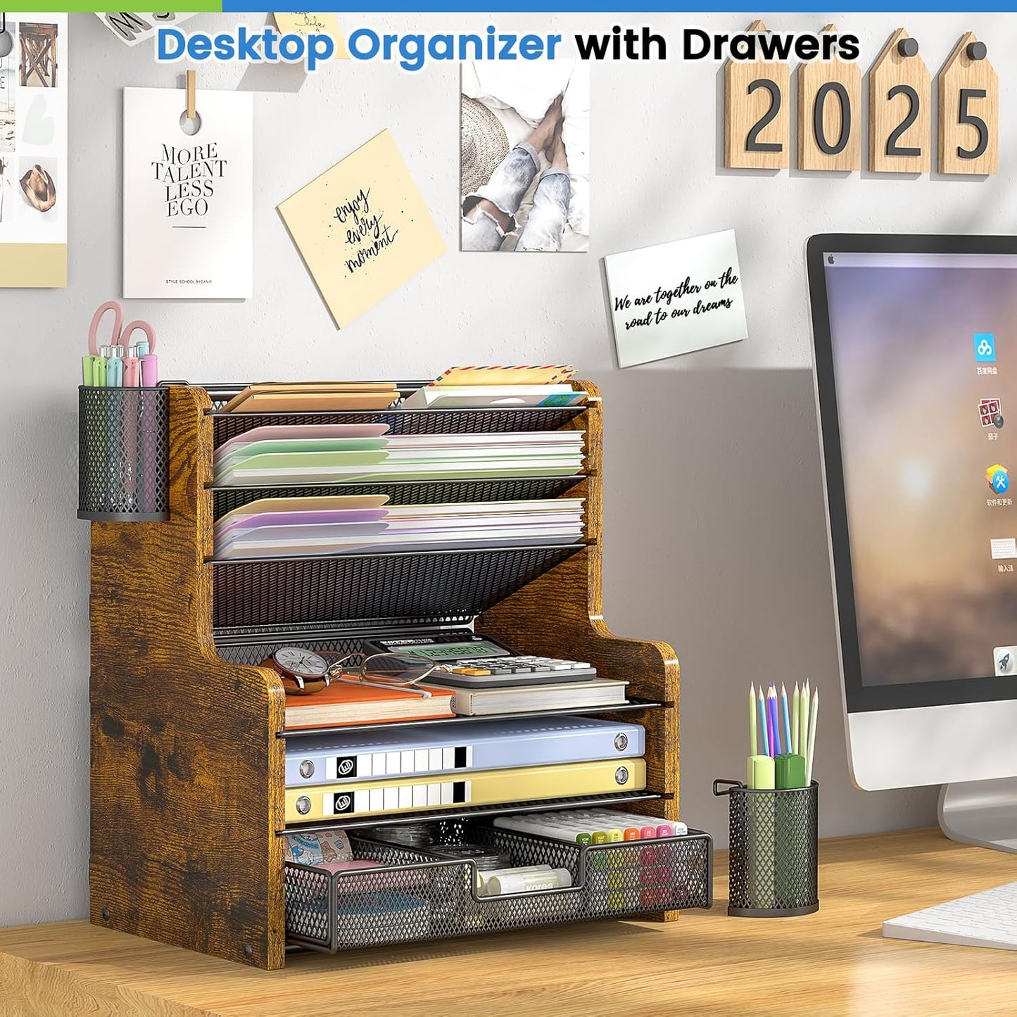 DAOUTIME 6-Tier Mesh Desk Organizer with Drawer, Wooden Office Organizer for Papers, Folders & Office Supplies - Sturdy