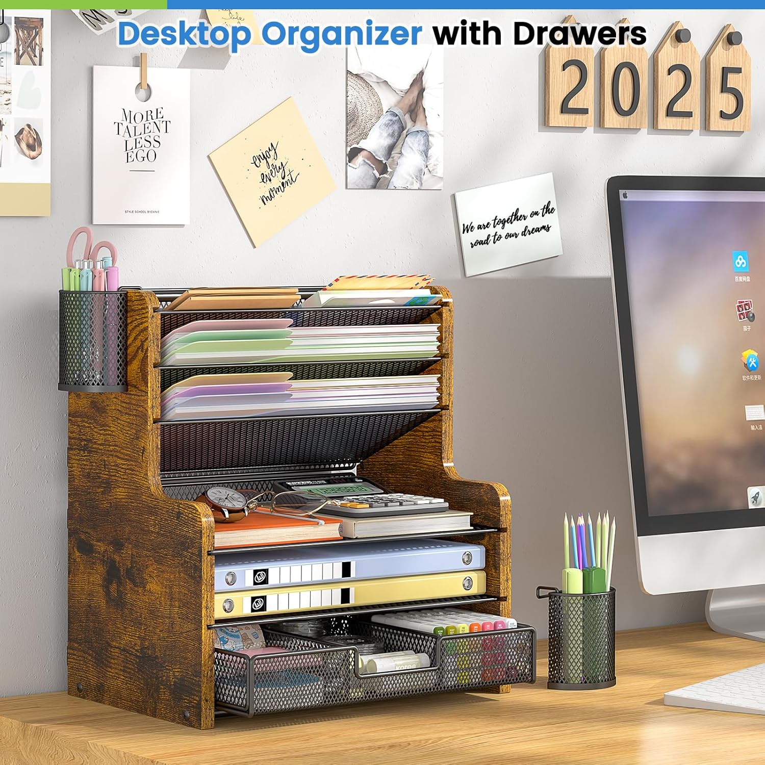 DAOUTIME 6-Tier Mesh Desk Organizer with Drawer, Wooden Office Organizer for Papers, Folders & Office Supplies - Sturdy