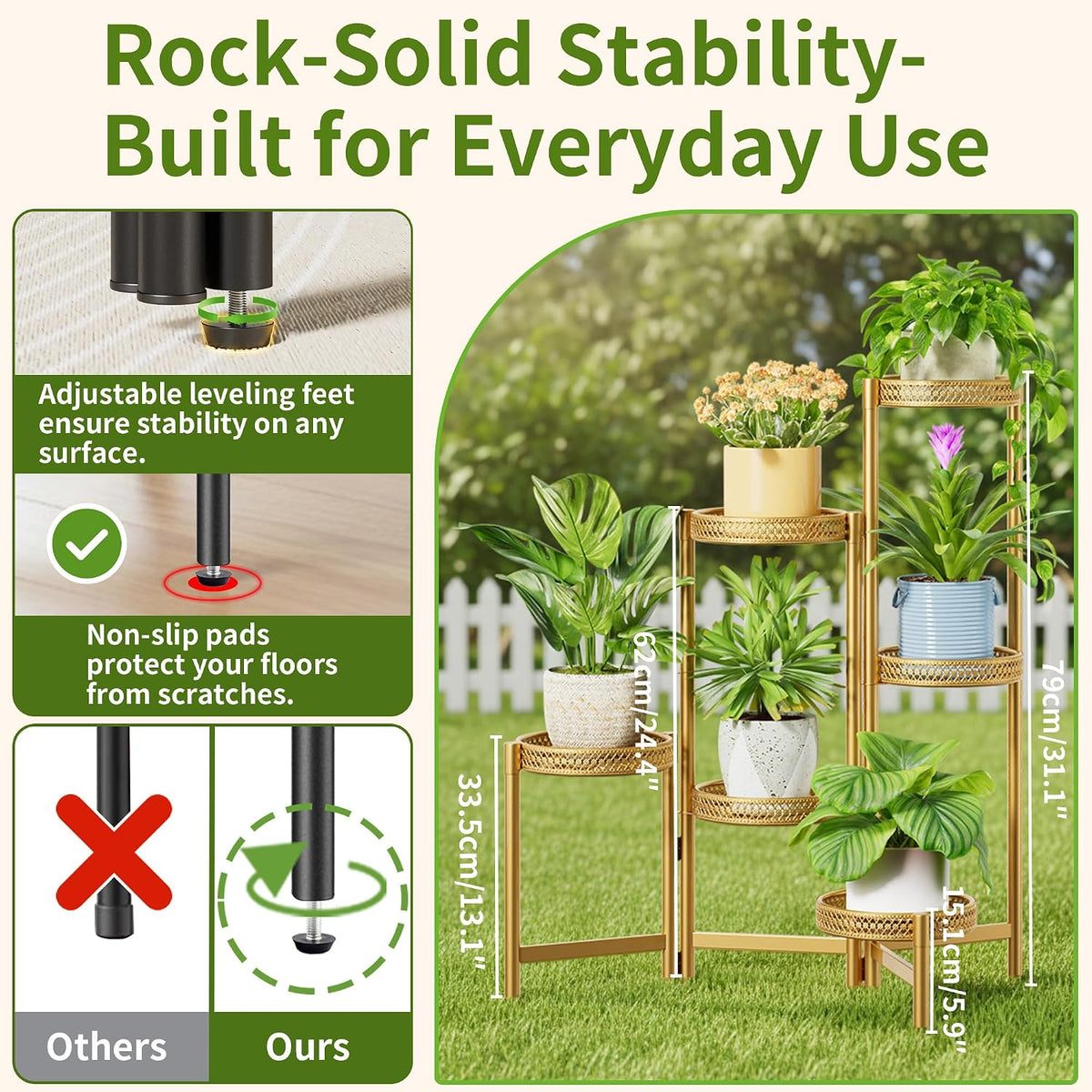 6 Tiered Plant Stand Indoor for Multiple Large Planter, Tall Heavy Duty Adjustable Folding Rack with Rustproof 7.9 Inch