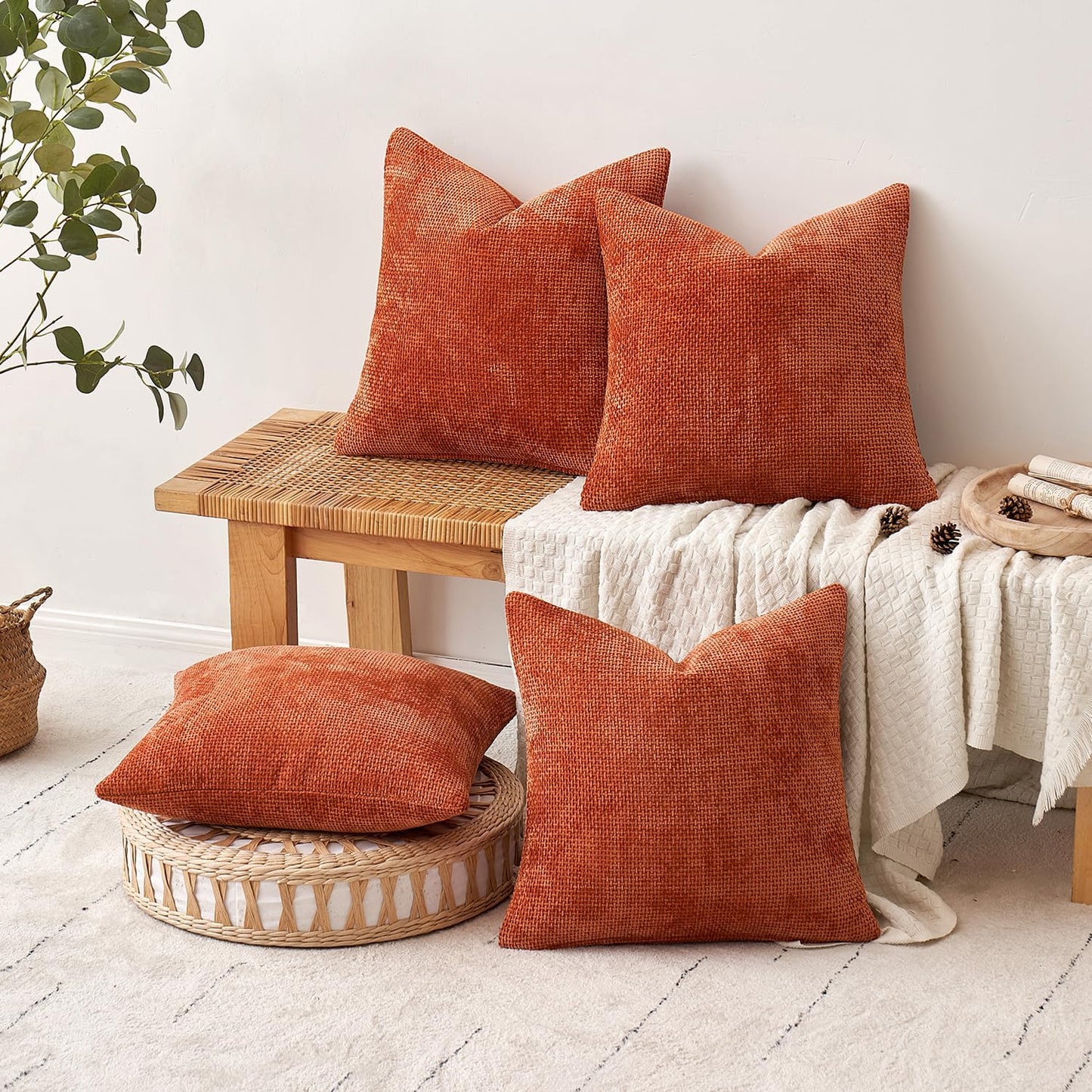 Couch Throw Pillow Covers Soft Decorative Chenille Pillow Covers / 18 x 18 / Burnt Orange / Set of 4