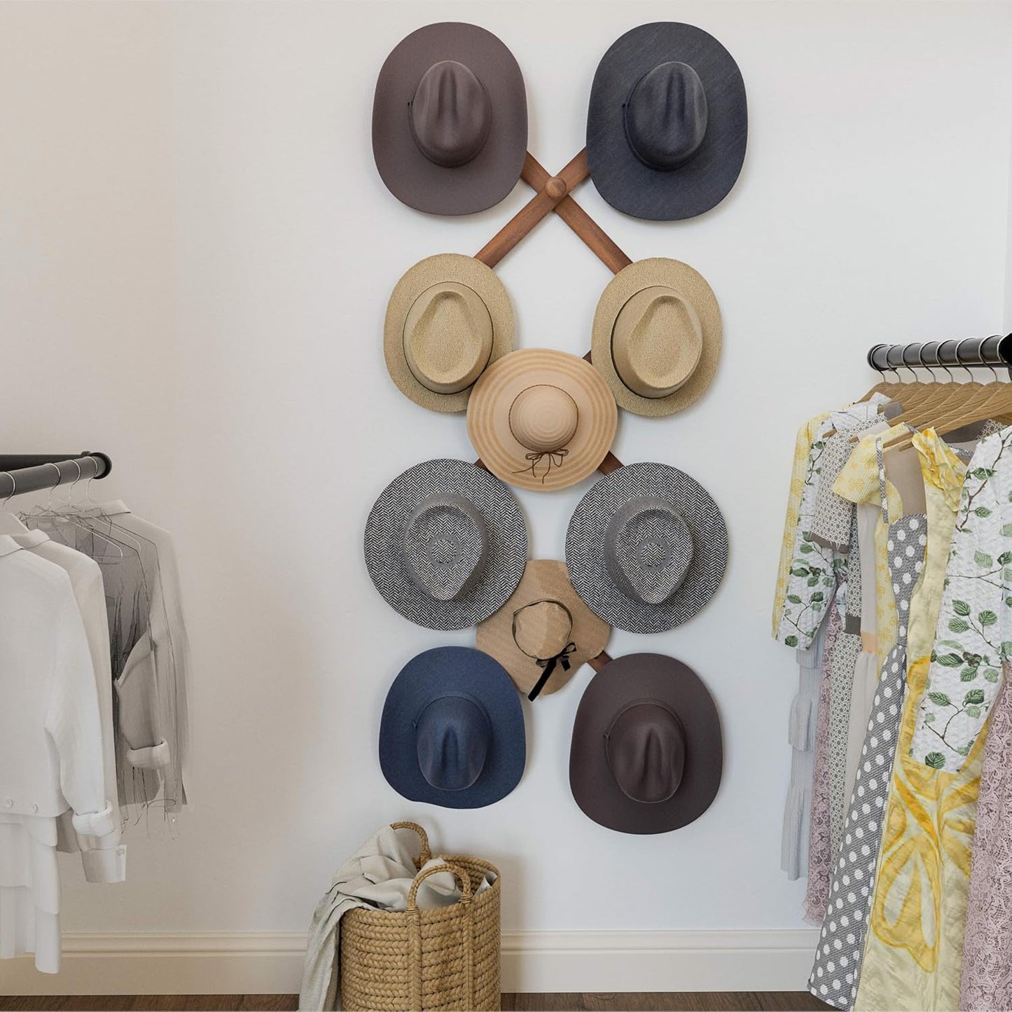 SKOLOO Large Hat Rack for Wall, Wooden Accordion Wall Hanger, Modern, Expandable Coat Hooks, Hat Display Rack for Home