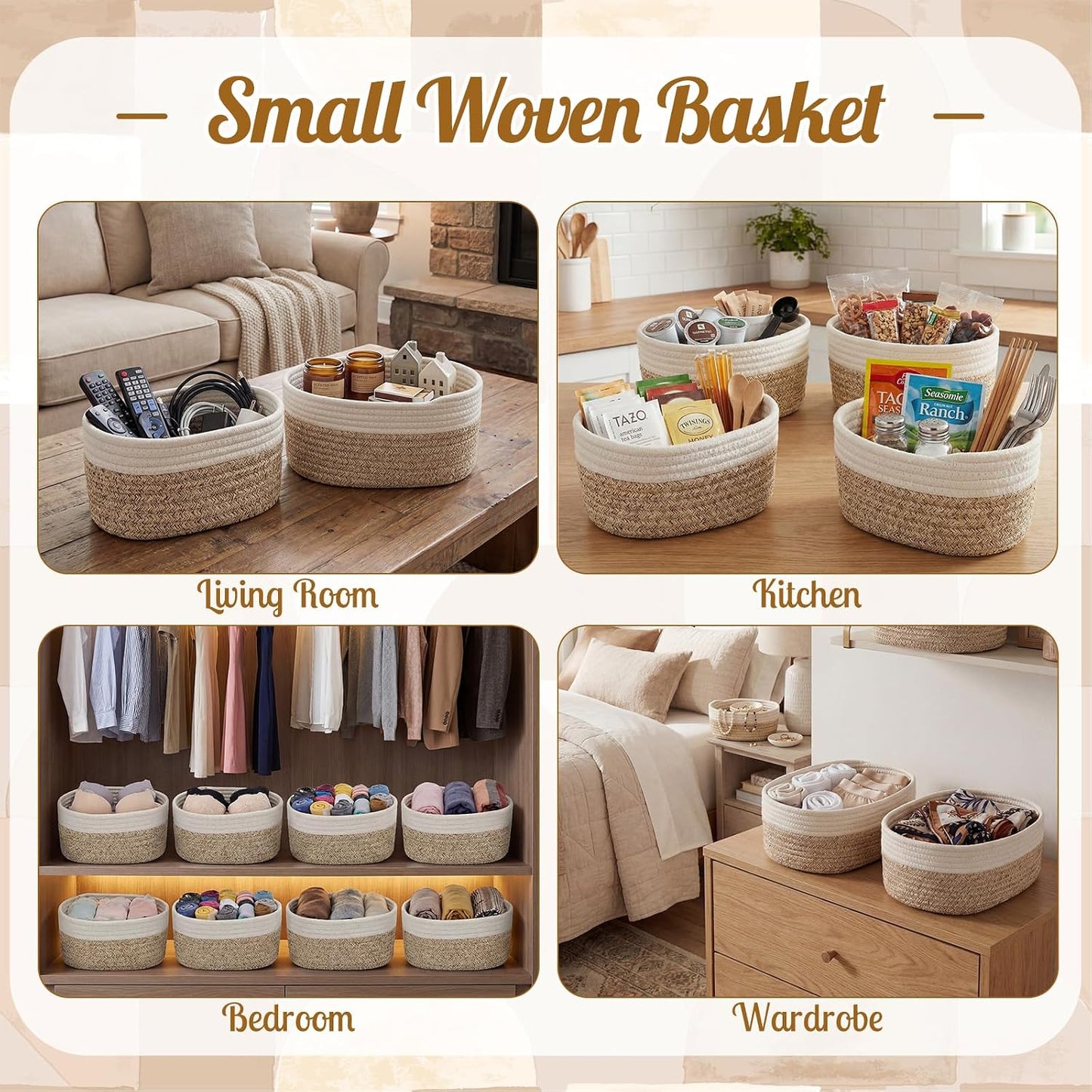 Small Woven Baskets for Storage / Brown, White / Set of 10