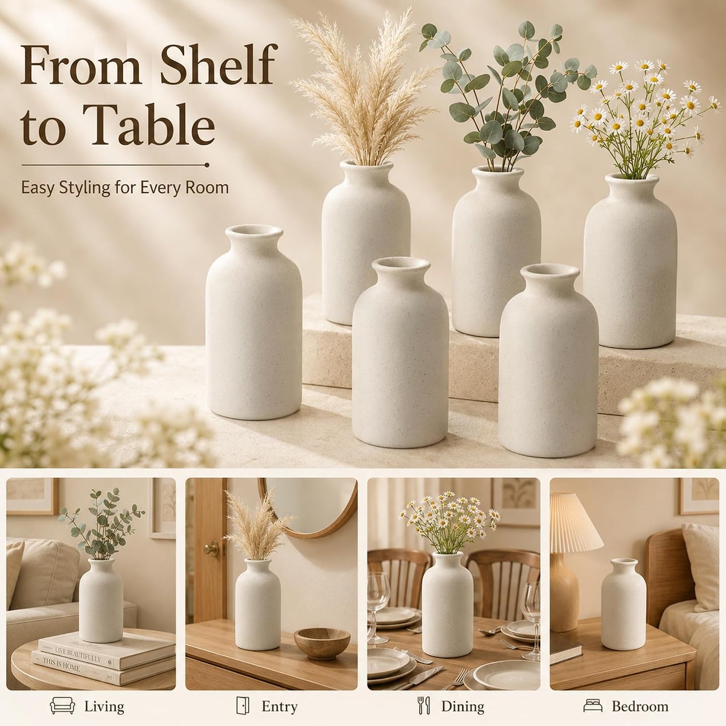 Farmhouse Vases Rustic Vintage Living / 4.8"h-beige White / Set of 6