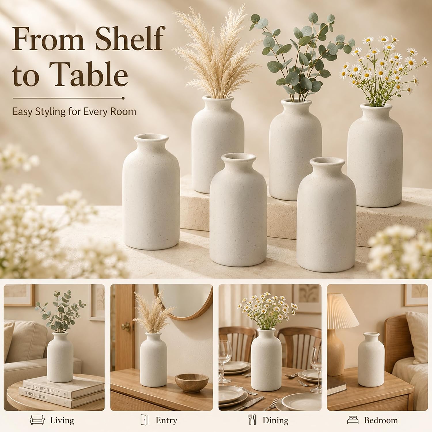 Farmhouse Vases Rustic Vintage Living / 4.8"h-beige White / Set of 6