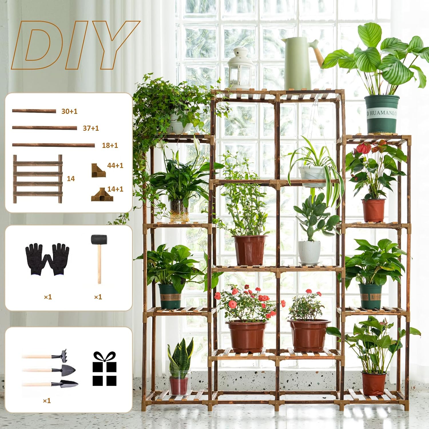 Plant Stand Indoor Outdoor, 14 Tiered Plant Shelf Wood Plant Rack | Tall Plant Holder for Multiple Plants, Large Ladder