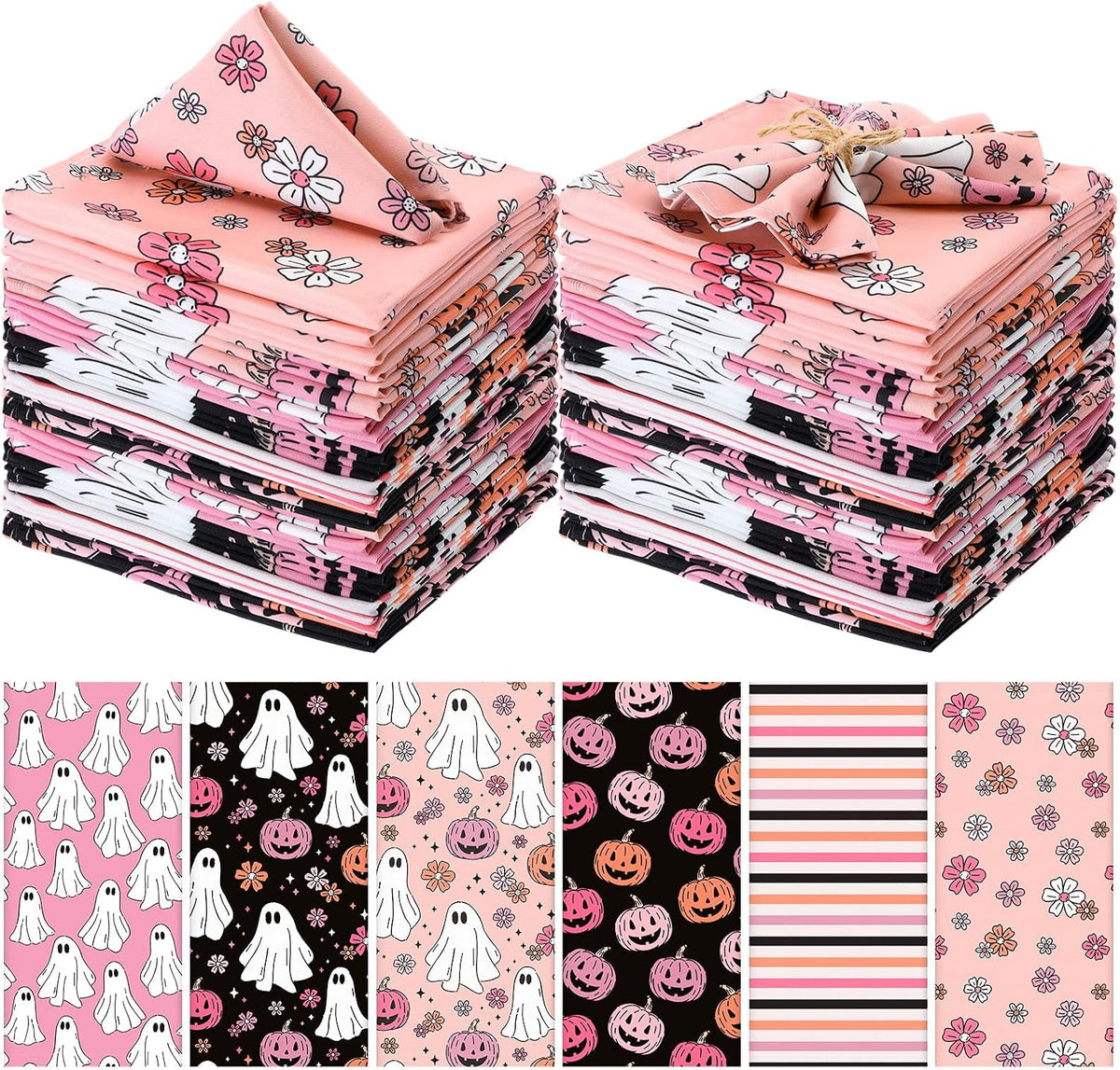 Mixweer 24 Pack Halloween Cloth Napkins, Pink Ghost Pumpkin, 15 Inch