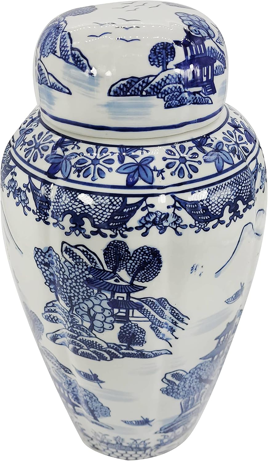 16" and White Urn Style Ceramic Porcelain Ginger Jar Temple Landscape Design Home Decor / Blue