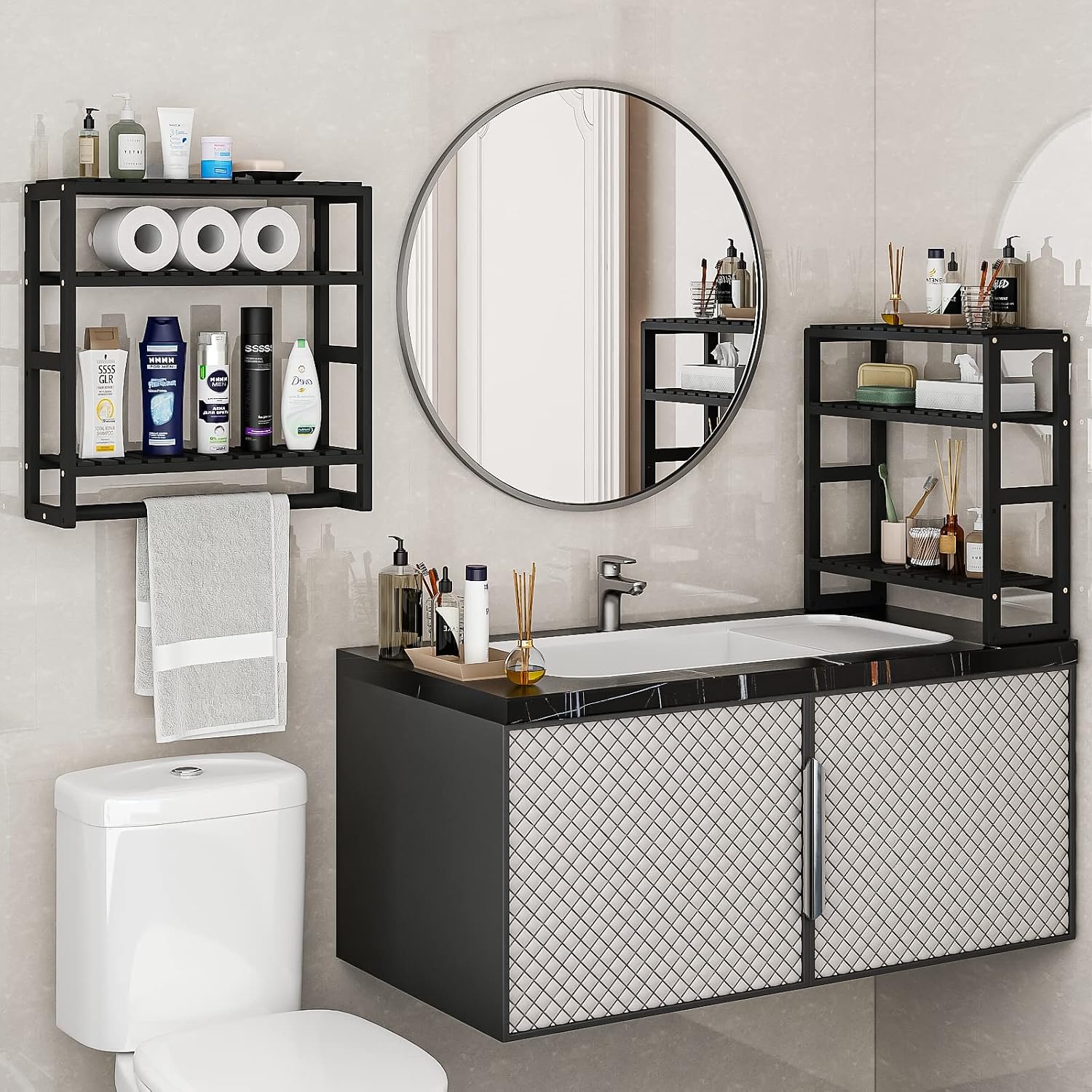 Galood Over The Toilet Storage Bathroom Shelves Wall Mounted Black Sets | 3 Tier Space Saver Corner Shelf Organizer