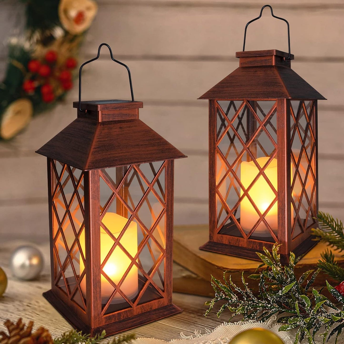 [2 Pack] TAKE ME 14" Solar Lantern Outdoor Garden Hanging Lantern Waterproof LED Flickering Flameless Candle Mission