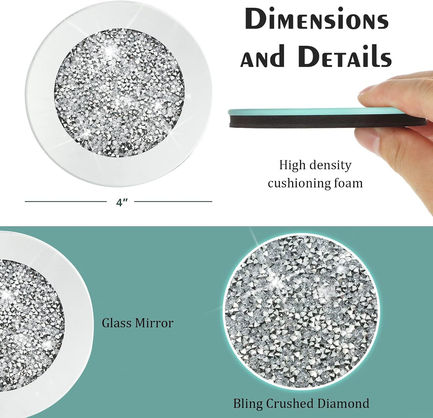 1 Holder 4" Crushed Diamond Round Cup Mat Glitter Crystal Rhinestone Glass / Silver / Set of 6
