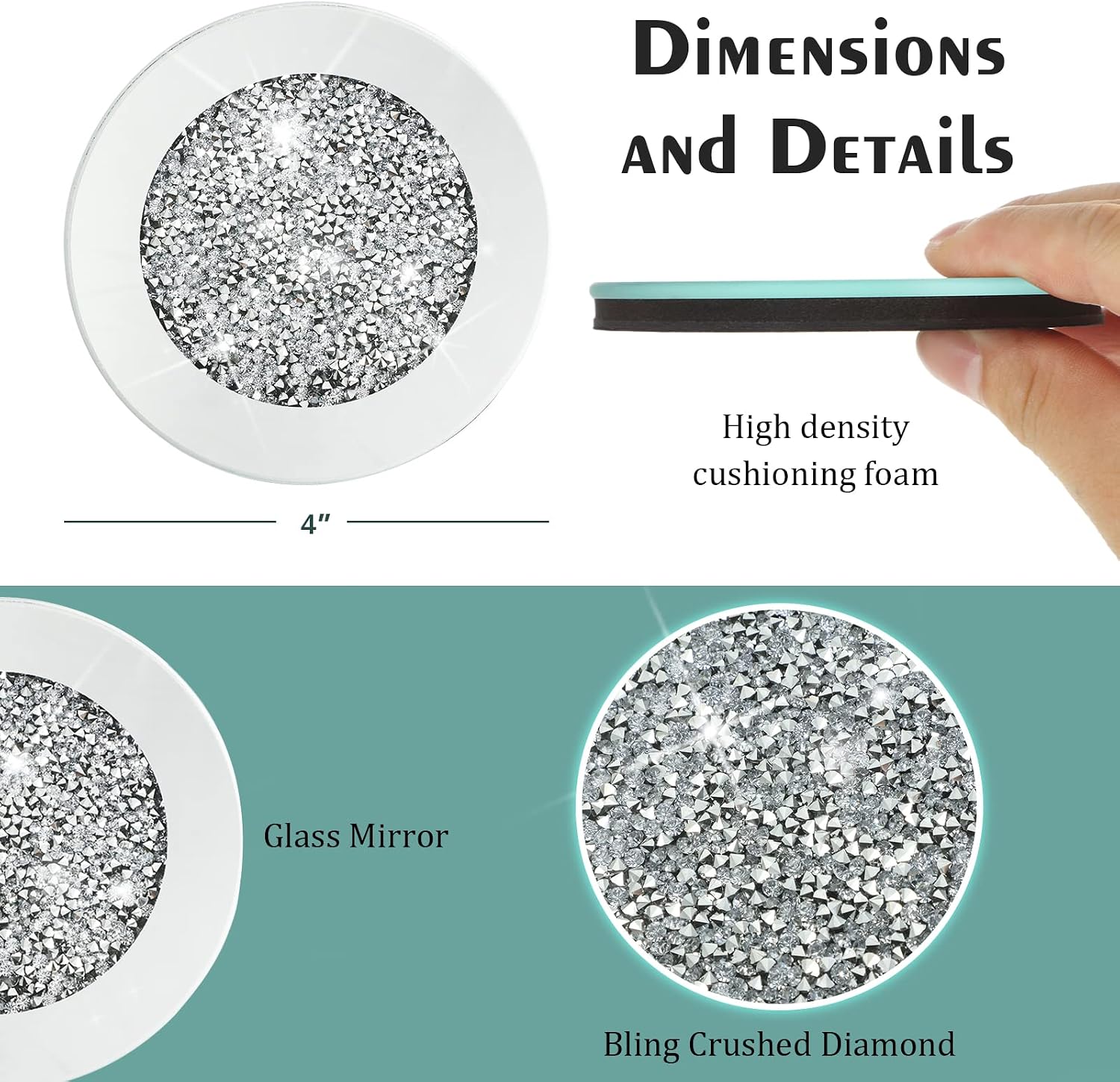 1 Holder 4" Crushed Diamond Round Cup Mat Glitter Crystal Rhinestone Glass / Silver / Set of 6