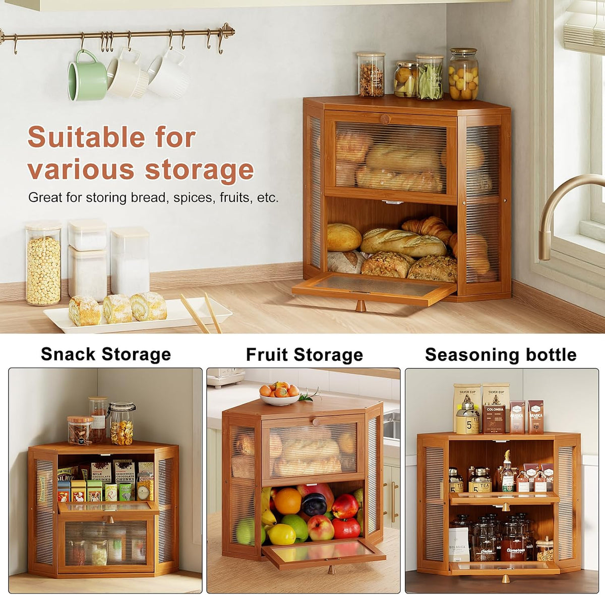 WOWLIVE Double Layer Corner Bread Box for Kitchen Countertop with 2 Doors | Bamboo Bread Storage Container, Large