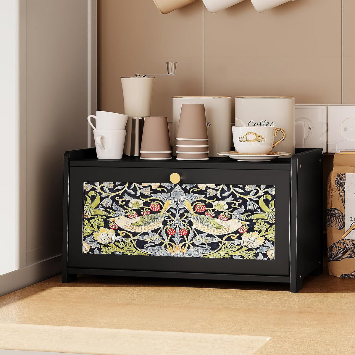 Trironsun Bread Box for Kitchen Counter Black Bread Storage Container with Acrylic Door William Morris Flower Bird