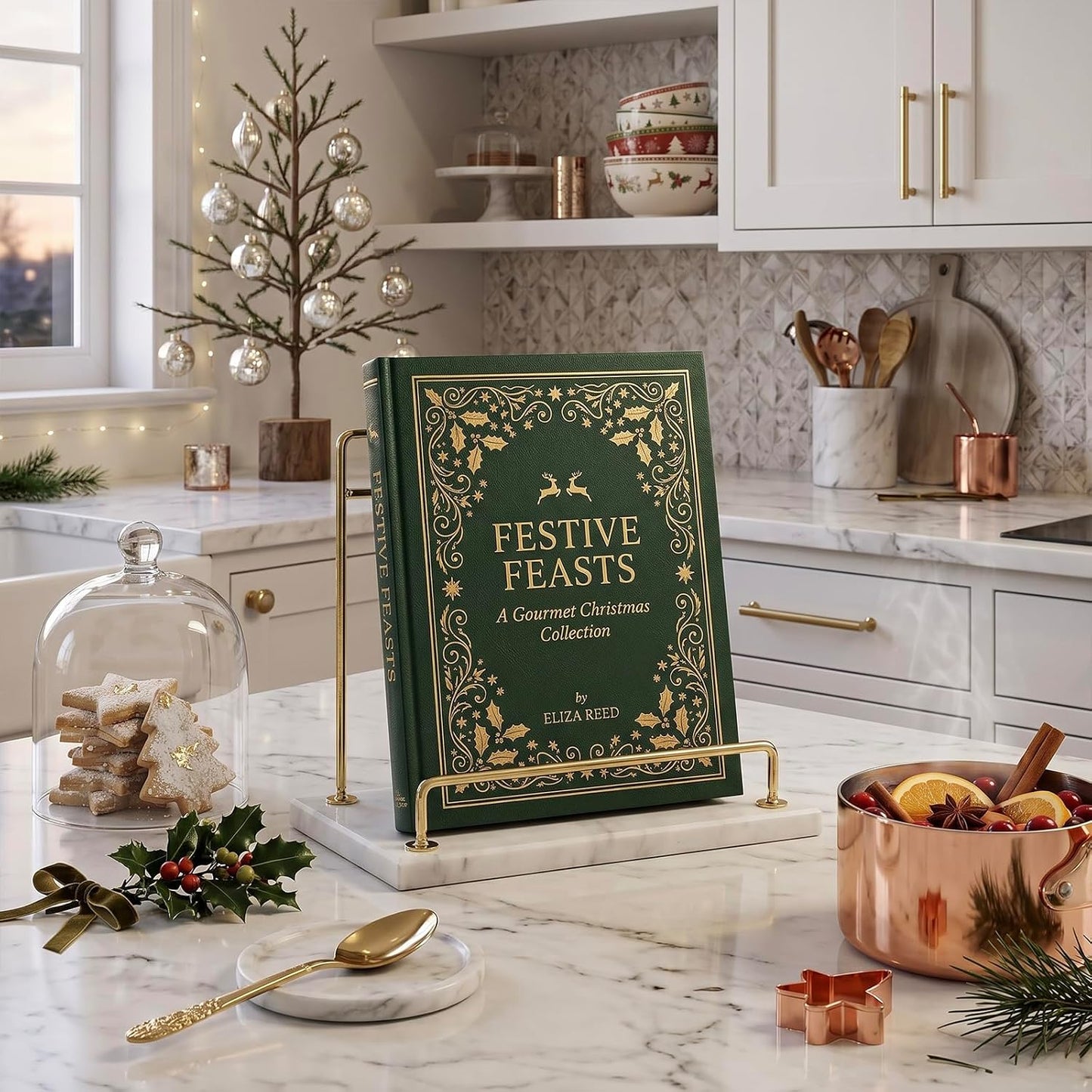 MyGift Modern Marble Cookbook Stand, Kitchen Countertop Recipe Holder Stand with Brass Tone Metal Rail