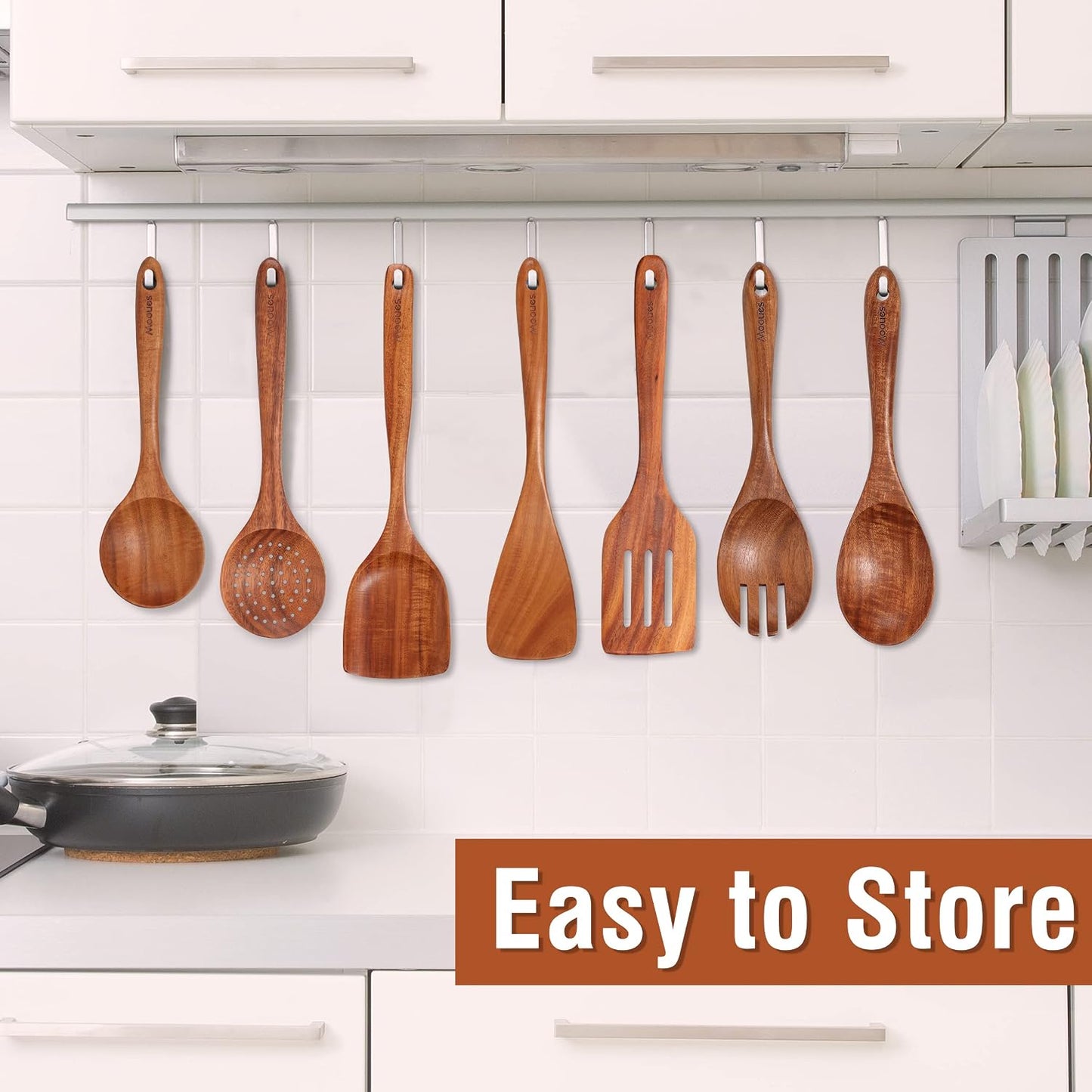 Mooues Wooden Kitchen Utensil Set, 9 Piece Natural Teak with Spoon Rest | Wooden Cooking Utensils with Comfort Grip