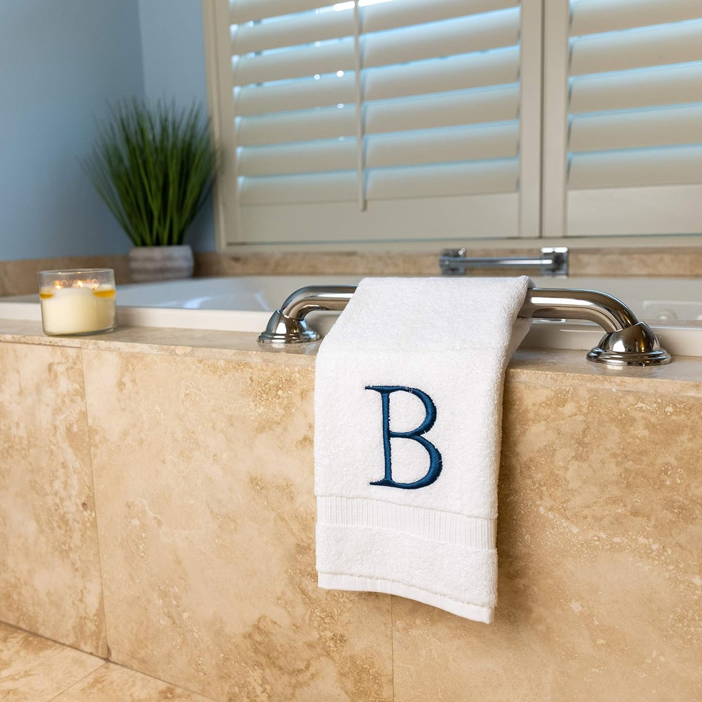 White with Navy Monogrammed Hand Towels for Bathroom - Set of 2 Letter B | Luxury Hotel Quality Initial Towels For