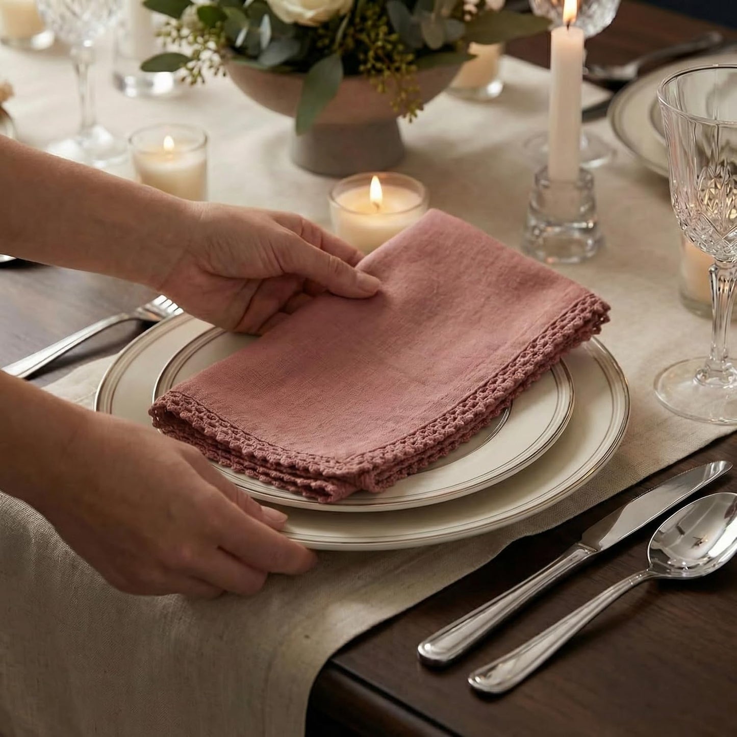ACCENTHOME Blush Cloth Napkins Set of 12 18x18 inch Cotton Linen Dinner Napkins - Washable Soft Premium Hotel Quality