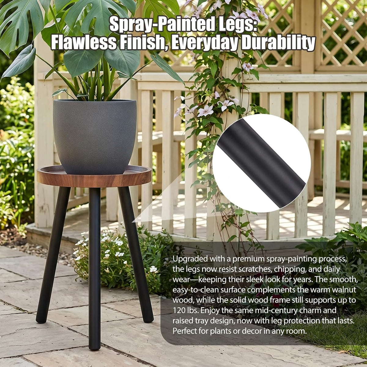Mid Century Wood Plant Stand – 120 lbs Heavy Duty Plant Stand with Raised Tray & Spray Painted Legs, Solid Wood Side