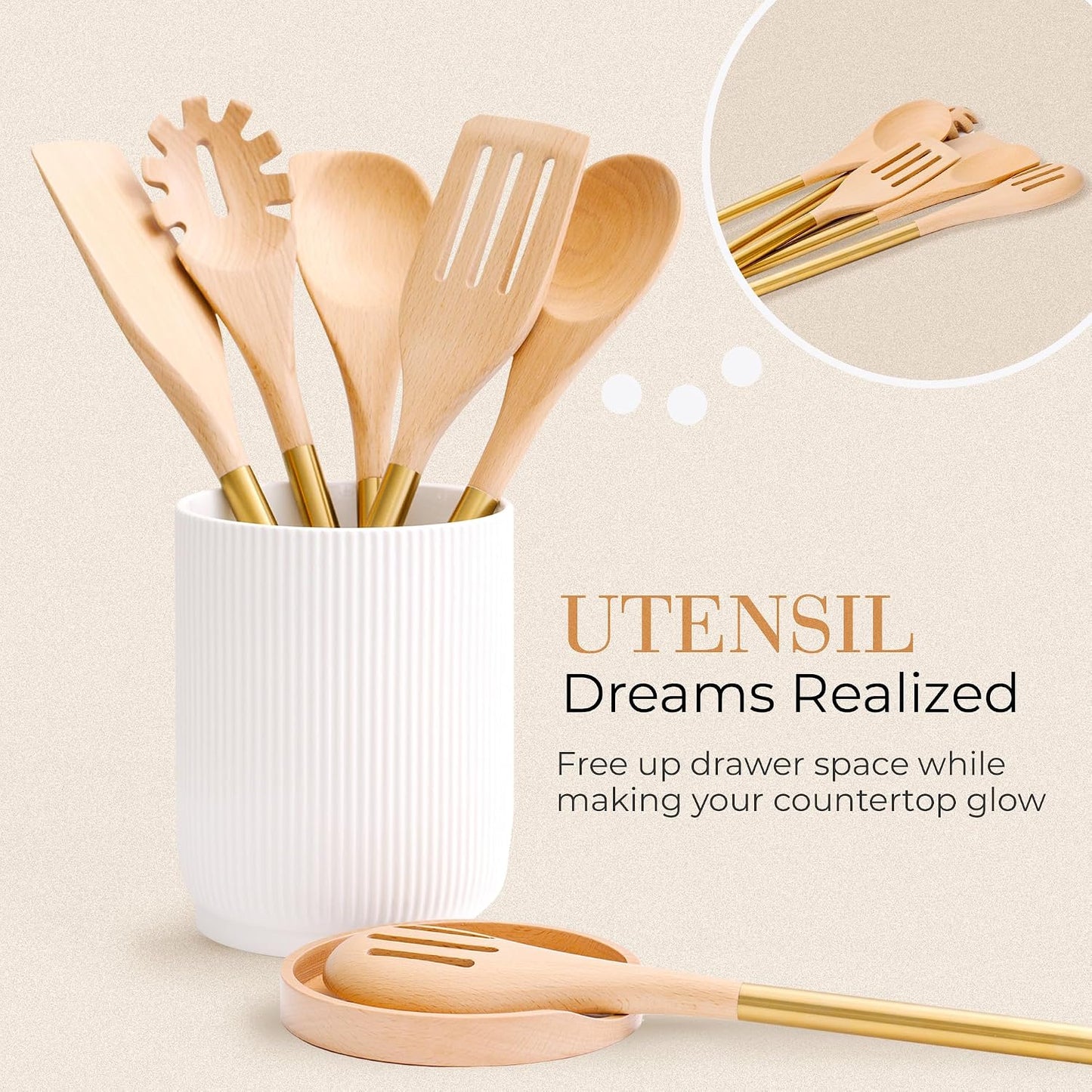 STYLED SETTINGS White Ceramic Utensil Holder with Built-In Wooden Spoon | 2 Piece Set for Kitchen Countertop