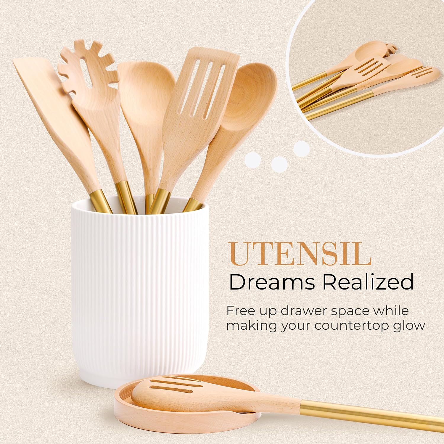 STYLED SETTINGS White Ceramic Utensil Holder with Built-In Wooden Spoon | 2 Piece Set for Kitchen Countertop