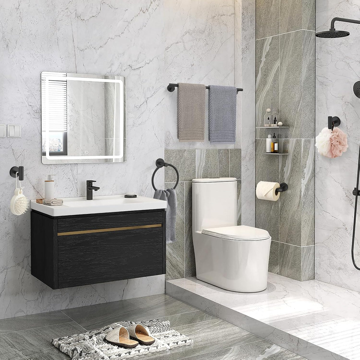 5 Pieces Matte Black Bathroom Hardware Accessories Set SUS304 Stainless Steel Black Towel Bar Holder Set, 23.6Inch