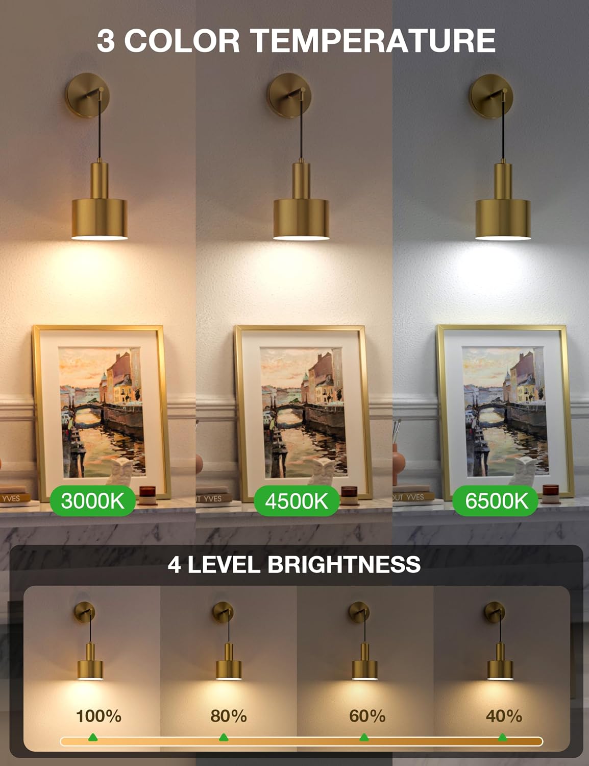 Battery Operated Wall Sconce Set of 2, Gold Wireless Rechargeable Wall Lights with 5200mAh Dimmable Detachable Bulbs