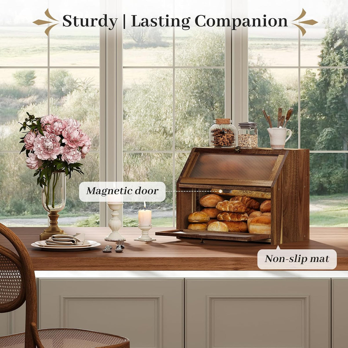Kitsanery Bread Box for Kitchen Countertop, Acacia Wood Bread Storage Container, 2 Layer Large bread holder, Pantry