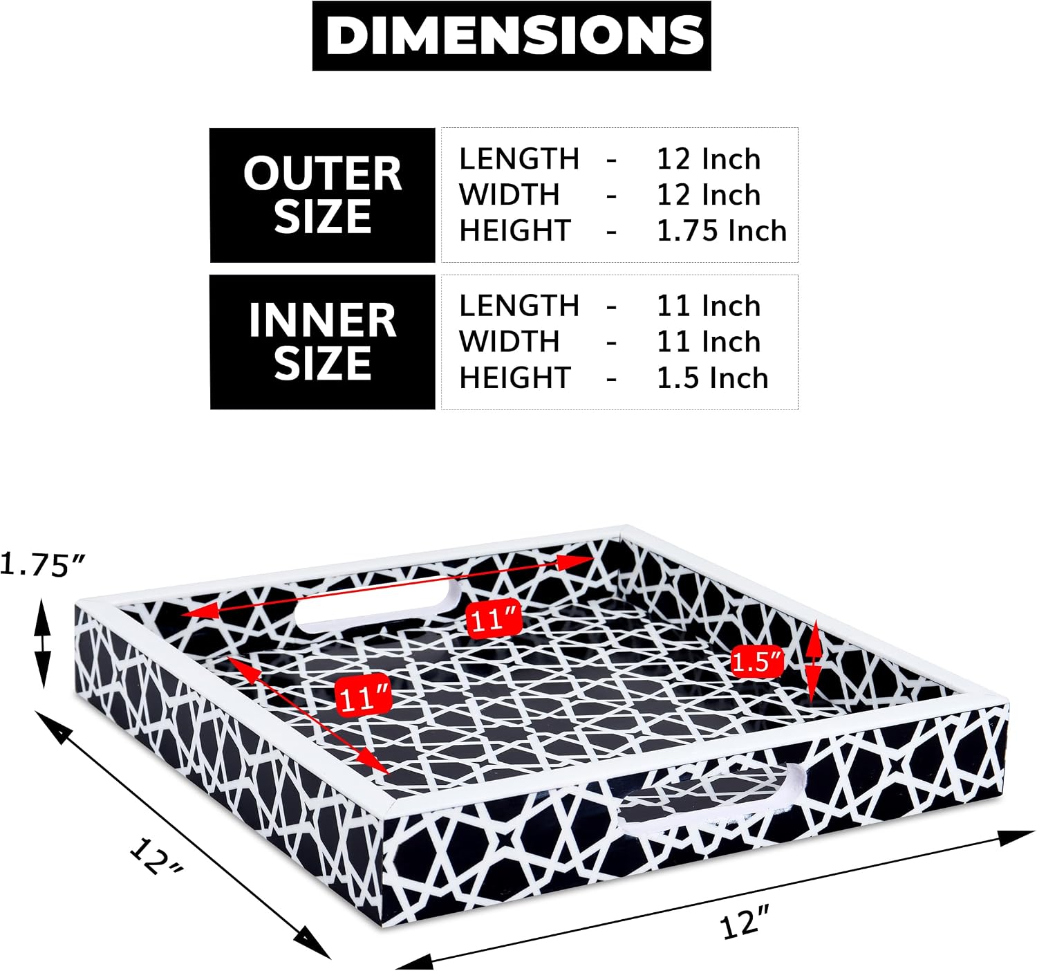 Ottoman Tray / White Zellij Pattern Decorative Tray / 12 x 12 x 2 / Zellij Petit / Black