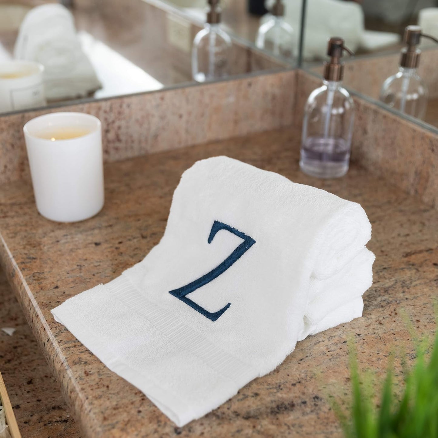 White with Navy Monogrammed Hand Towels for Bathroom - Set of 2 Letter Z | Luxury Hotel Quality Initial Towels For