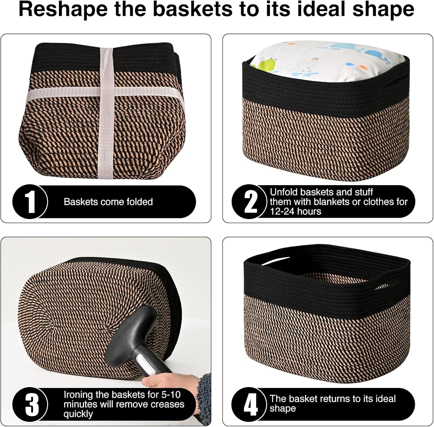 Woven Cotton Rope Baskets for Storage / Black & Jute
