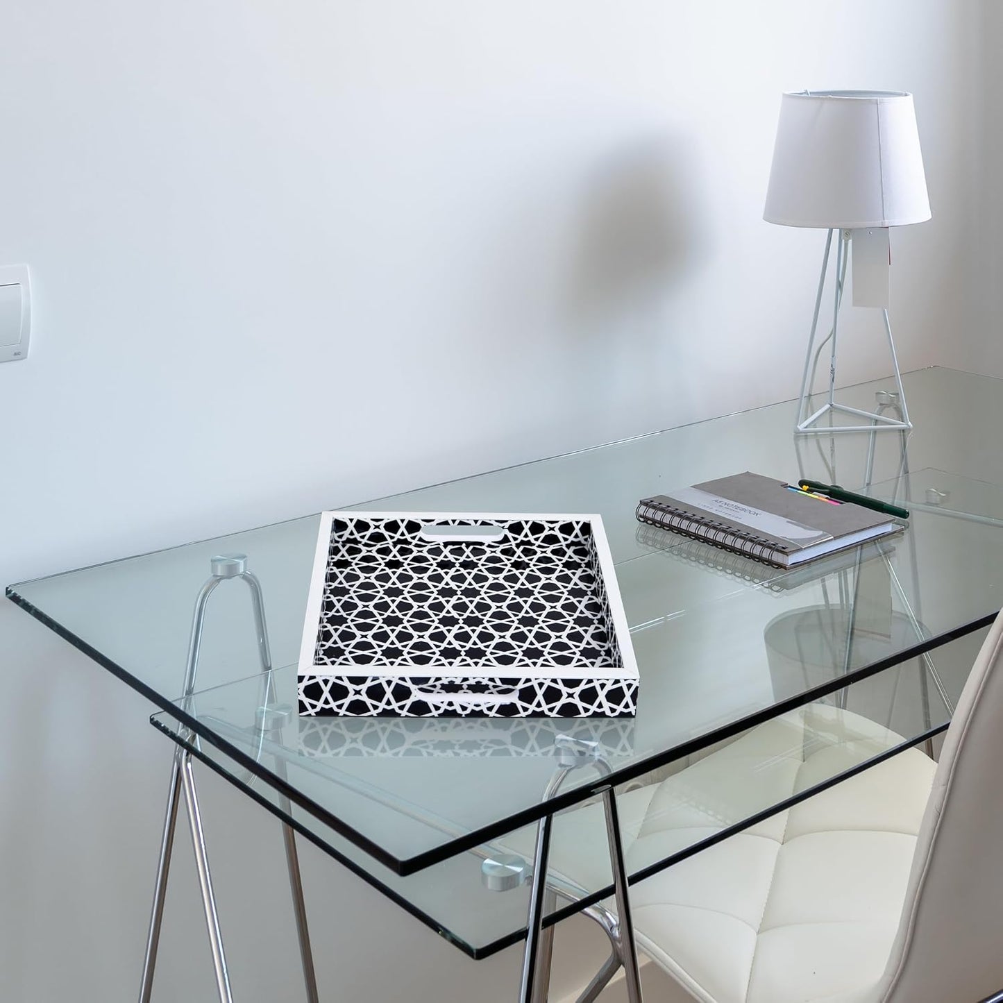Ottoman Tray / White Zellij Pattern Decorative Tray / 12 x 12 x 2 / Zellij Petit / Black