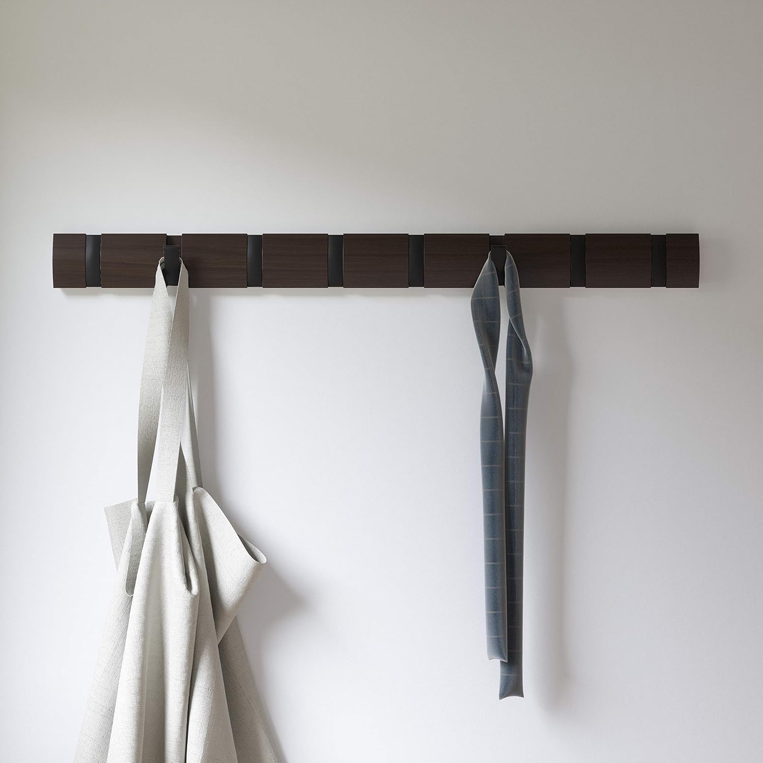 Umbra Flip Coat Rack, Wall Mount 8-Hook, Space Saving, Walnut/Black | Real wood and steel build, retractable hooks fold