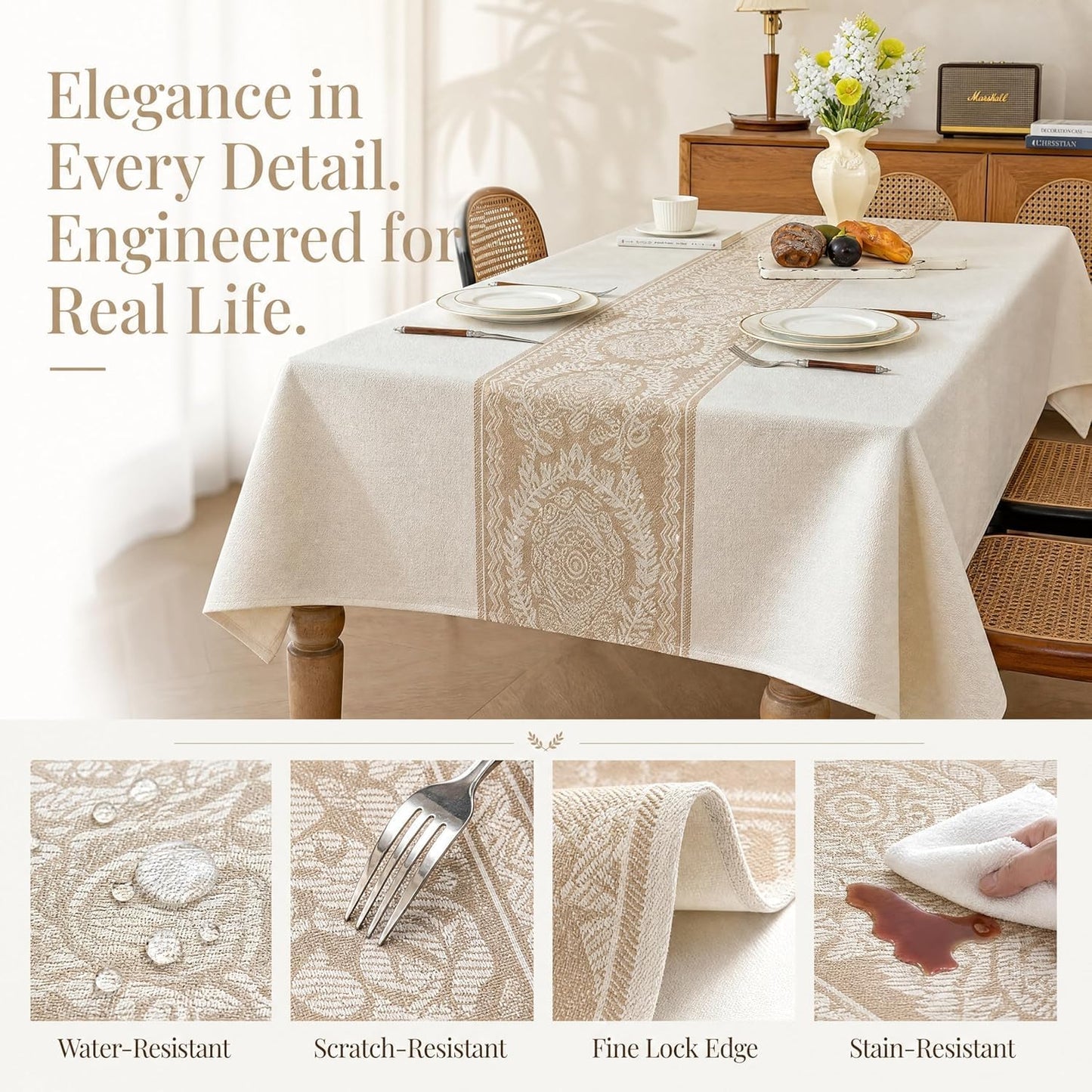 Rectangle Linen Tablecloth Retro Floral Spillproof Cloth 55x134 Inch | Stain Resistant Woven Vintage Floral Runner