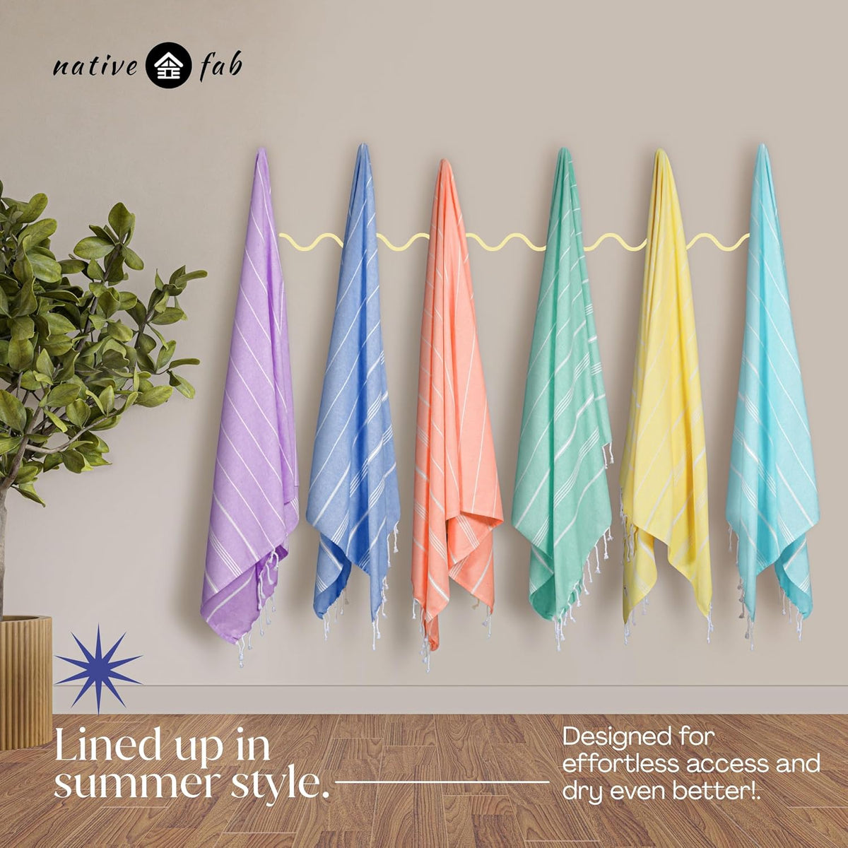 Native Fab Turkish Cotton Beach Towels Set of 6, Oversized 40x71 Inches, Thin & Lightweight, Quick Drying, Sand